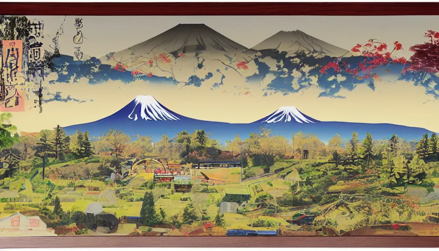 Prompt: award winning graphic design poster, cutouts constructing an contemporary art depicting a lone mount fuji and hills, rural splendor, and bullet train, isolated on white, and bountiful crafts, local foods, mixed media painting by Leslie David, jules julien, neo-classical painting