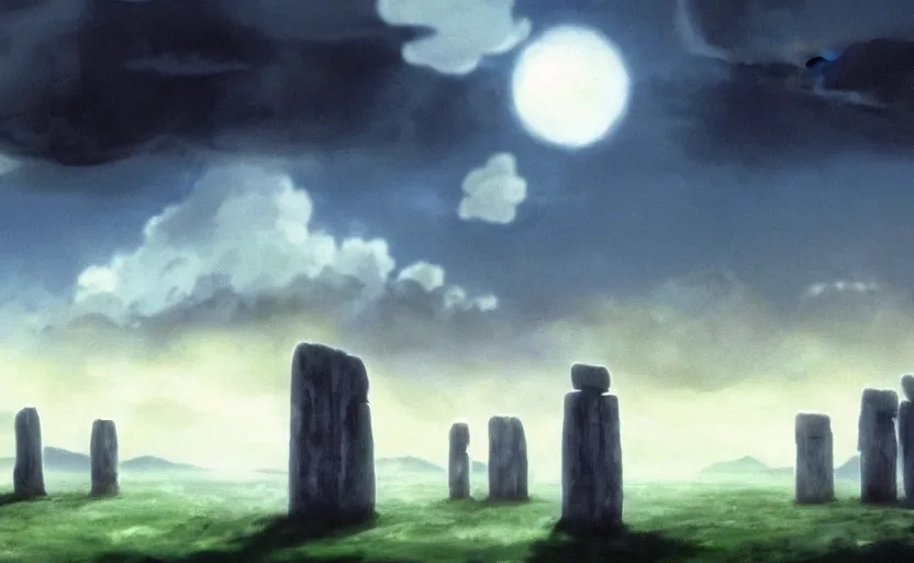 Image similar to a realistic and atmospheric cell - shaded concept art from howl's moving castle ( 2 0 0 4 ) of a ufo in the sky. a grey monk is standing in a futurist sci - fi city that looks like stonehenge in a flooded rainforest. it is a misty starry night. very dull muted colors, hd, 4 k, hq