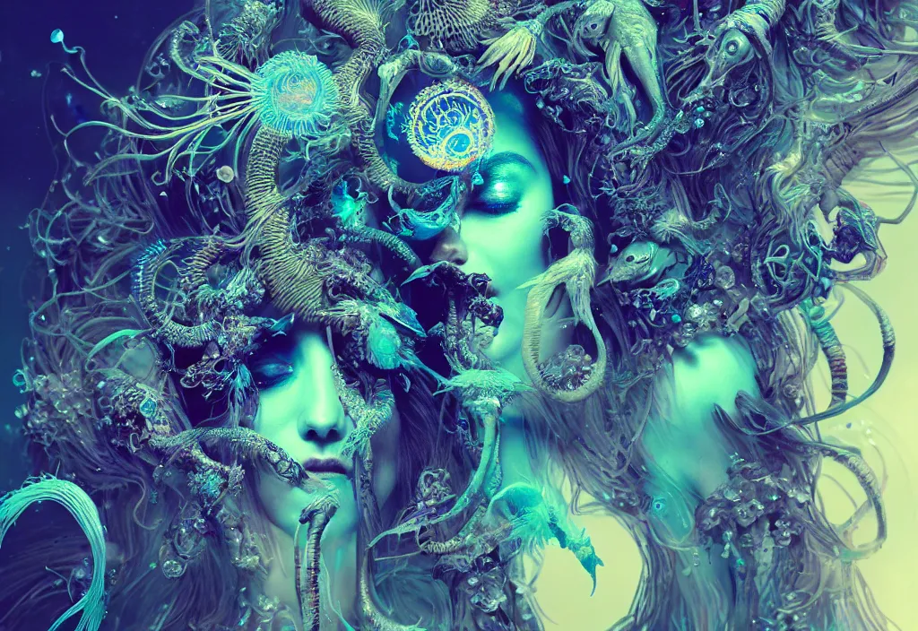 Prompt: isis goddess macro close - up portrait with crown made of ram skull + betta fish + jellyfish, bioluminiscent, plasma, wind, creature, super intricate ornaments artwork by tooth wu and wlop and beeple and greg rutkowski