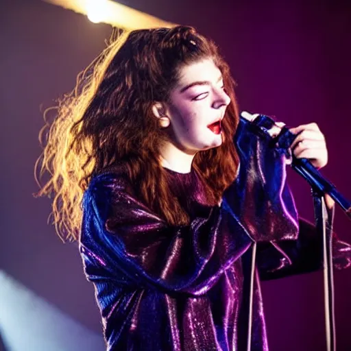 Image similar to lorde singing in a concert during a navy blue night