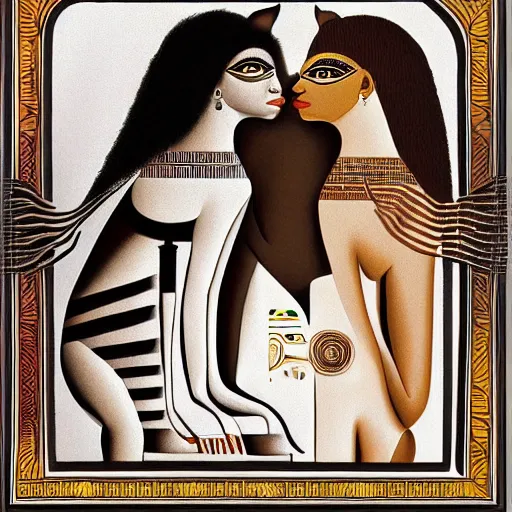 Prompt: a brown skinned black woman, with two cats, elegant, intricate, digital painting, smooth, sharp focus, illustration, salvador dali, ancient egypt, art deco, garden, diamonds