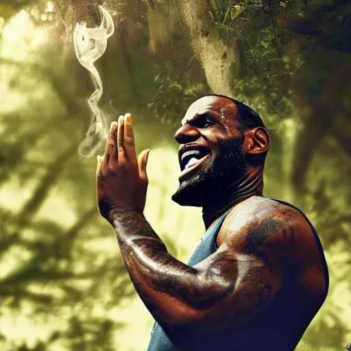 Prompt: lebron james doing yoga in the forest, high detail shot, smoking, render, cgsociety, photorealism