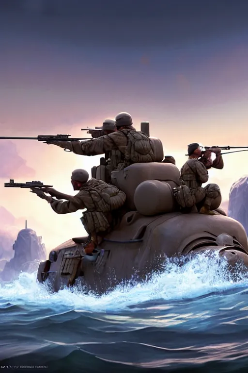 Image similar to pixar soldiers aiming at a walrus sleeping on a boat | glamorous oily soft polished rich ornate modern | weta disney pixar movie still photo | hi - fructose, sci fi fantasy, smooth, octane render, sharp focus, artstation, concept art | artgerm, mucha, rutkowski, feng zhu, wlop, loish