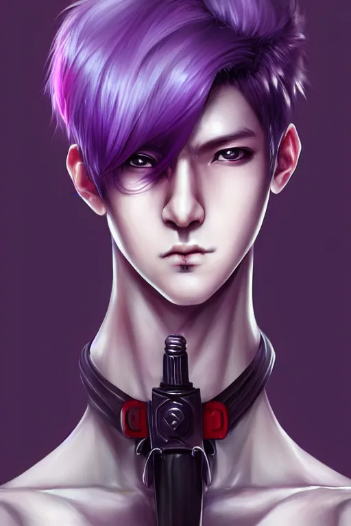 Image similar to gorgeous!!! hyper - realistic teenager boy with purple hair, purple eyes with red eye markets, slim body, wearing combat japanese clothes, holding a fan | drawn by wlop, drawn by jeehyung lee, drawn by artgerm | intricate, highly detailed, digital painting, character design, concept art, illustration, artstation