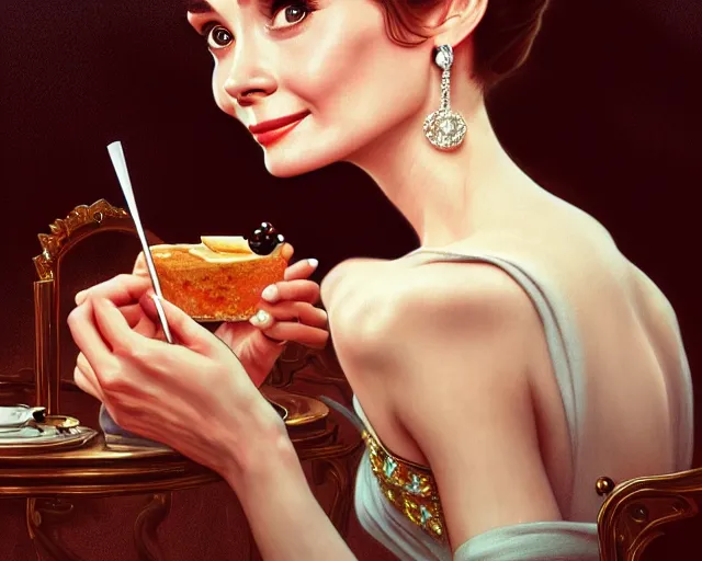 Image similar to photography of audrey hepburn in breakfast at tiffany's, deep focus, intricate, elegant, highly detailed, digital painting, artstation, concept art, matte, sharp focus, illustration, art by artgerm and greg rutkowski and alphonse mucha