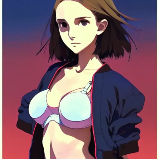 Image similar to a beautiful! boyish! natalie portman alluring gravure! model, wearing oversized mayan bomber jacket and leotard with overalls, bulky poofy bomber jacket with mayan patterns, gapmoe yandere grimdark, trending on pixiv fanbox, painted by greg rutkowski makoto shinkai takashi takeuchi studio ghibli, akihiko yoshida