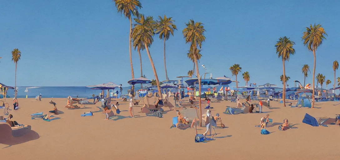 Image similar to futuristic local beach at l. a., beachfront boardwalk, visual development by lou romano, evening at dusk, santa monica state beach