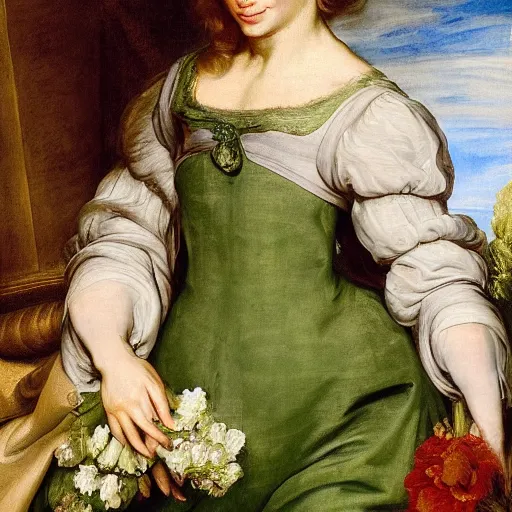 Image similar to Emily Blunt wearing green tunic holding a flower. Painted by Rubens, high detail