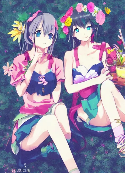 Prompt: two anime girls sitting next to each other, a detailed drawing by pu hua, trending on pixiv, synchromism, official art, made of flowers, anime aesthetic