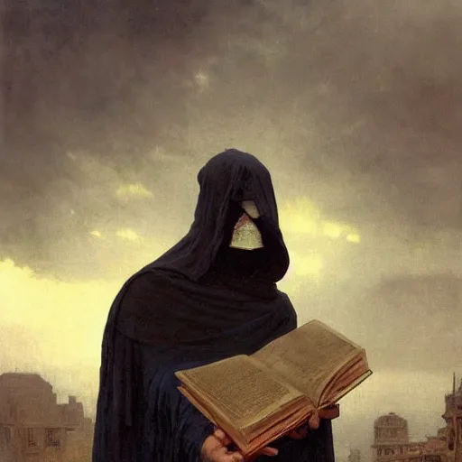 Image similar to half portait of magican wearing a closed cowl holding a big old book! with chains!! on his wrist, jeremy mann, jean leon gerome, alphonse mucha, greg rutkowski, hood covers his eyes, ( ( ruins of ancient rome ) ), at dusk, mysterious atmosphere, sunrays, dof, masterpiece, high detailed, 8 k