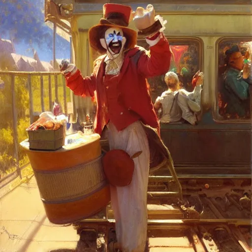 Image similar to a clown selling goodies on the train, highly detailed painting by gaston bussiere, craig mullins, j. c. leyendecker 8 k