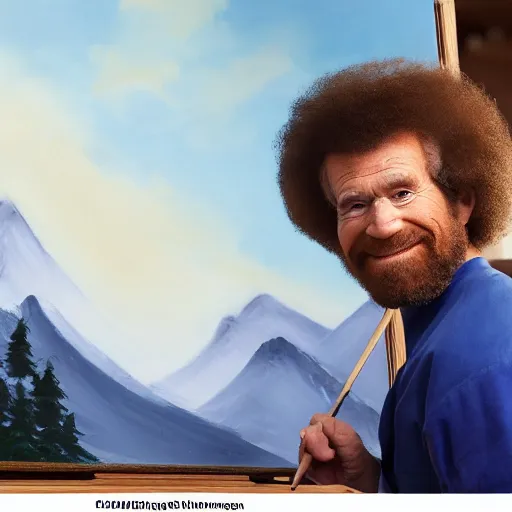 Image similar to a closeup photorealistic photograph of bob ross working on a canvas painting of spiderman. film still. brightly lit scene. mountains and trees. this 4 k hd image is trending on artstation, featured on behance, well - rendered, extra crisp, features intricate detail, epic composition and the style of unreal engine.