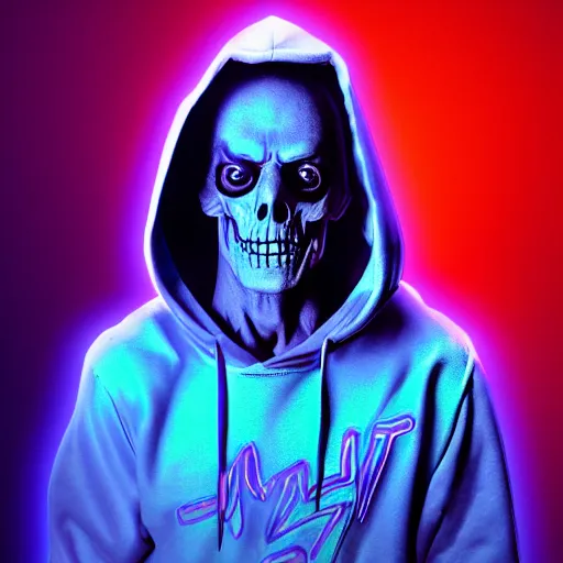 Prompt: skeletor christopher lloyd in hoodie, portrait, vaporwave, synthwave, neon, vector graphics, cinematic, volumetric lighting, f 8 aperture, cinematic eastman 5 3 8 4 film