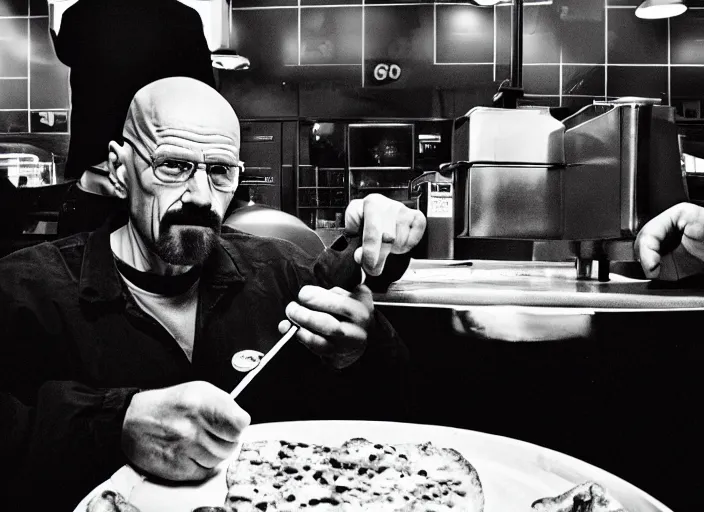 Image similar to portrait of walter white eating pizza at chuck - e - cheese with sloppy cheesy sauce getting slopped up all over the place, dramatic lighting, moody film still from breaking bad ( 2 0 1 1 ), 3 5 mm kodak color stock, 2 4 mm lens, directed by rian johnson, ecktochrome