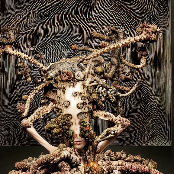 Image similar to symmetric frame from Prometheus, biomechanical gaia, by Neri Oxman and alexander mcqueen metal couture editorial, in mycelium macro mushroom hanging garden by giger by utagawa kuniyoshi by Yuko Shimizu