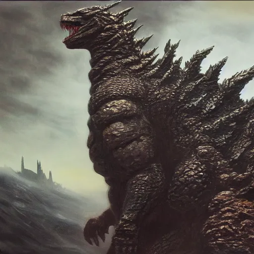 Image similar to Godzilla, elden ring boss, matte painting, detailed, elden ring, oil on canvas