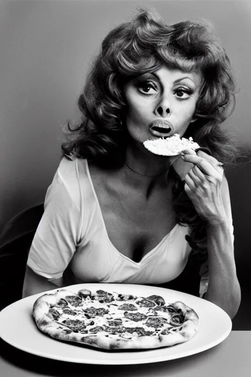 Image similar to professional studio photo of sophia loren eating!!! a pizza! margherita, closeup, portrait photo, diffuse light, black and white photo, 5 0 mm, soft focus, acclaimed, masterpiece