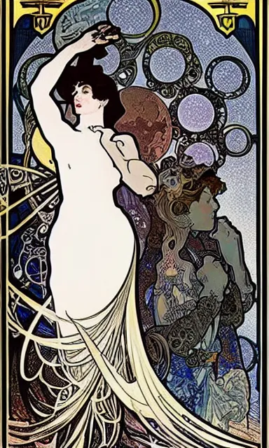 Image similar to castles on the moon, alphonse mucha, charles gesmar, aubrey beardsley, erte, winold reiss, philippe druillet