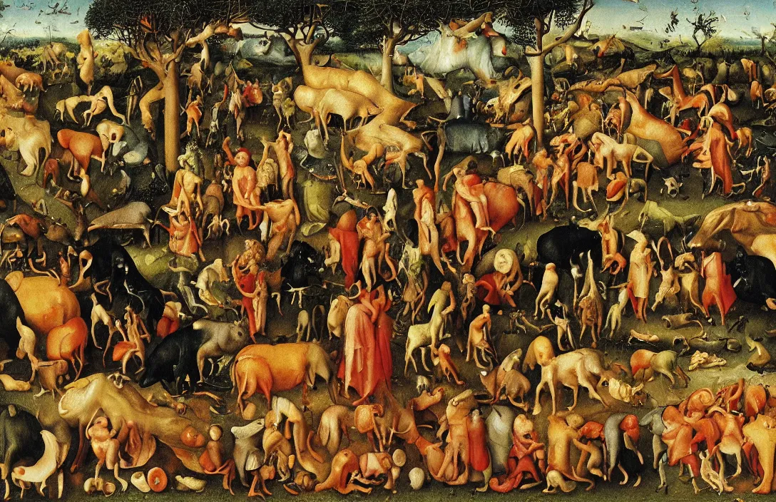 Image similar to vegetarians and carnivores, painting by bosch, extremely detailed triptych