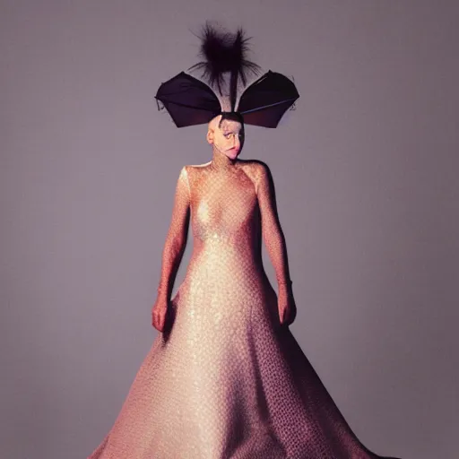 Prompt: gown made of 🪲 !! studio photo, street style, high fashion, backlit, Alexander mcqueen, Vivienne Westwood, Oscar De la Renta, Dior, magazine photo shoot, fantasy lut,