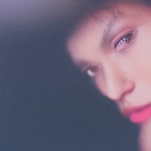 Image similar to a close - up of a woman's face, captured in low light with a soft focus. there is a gentle pink hue to the image, and the woman's features are lightly blurred. cinestill 8 0 0 t.