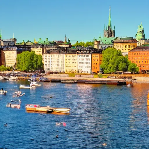 Image similar to beautiful summer day in idyllic Stockholm city, warm, sunny, landscape, 8k