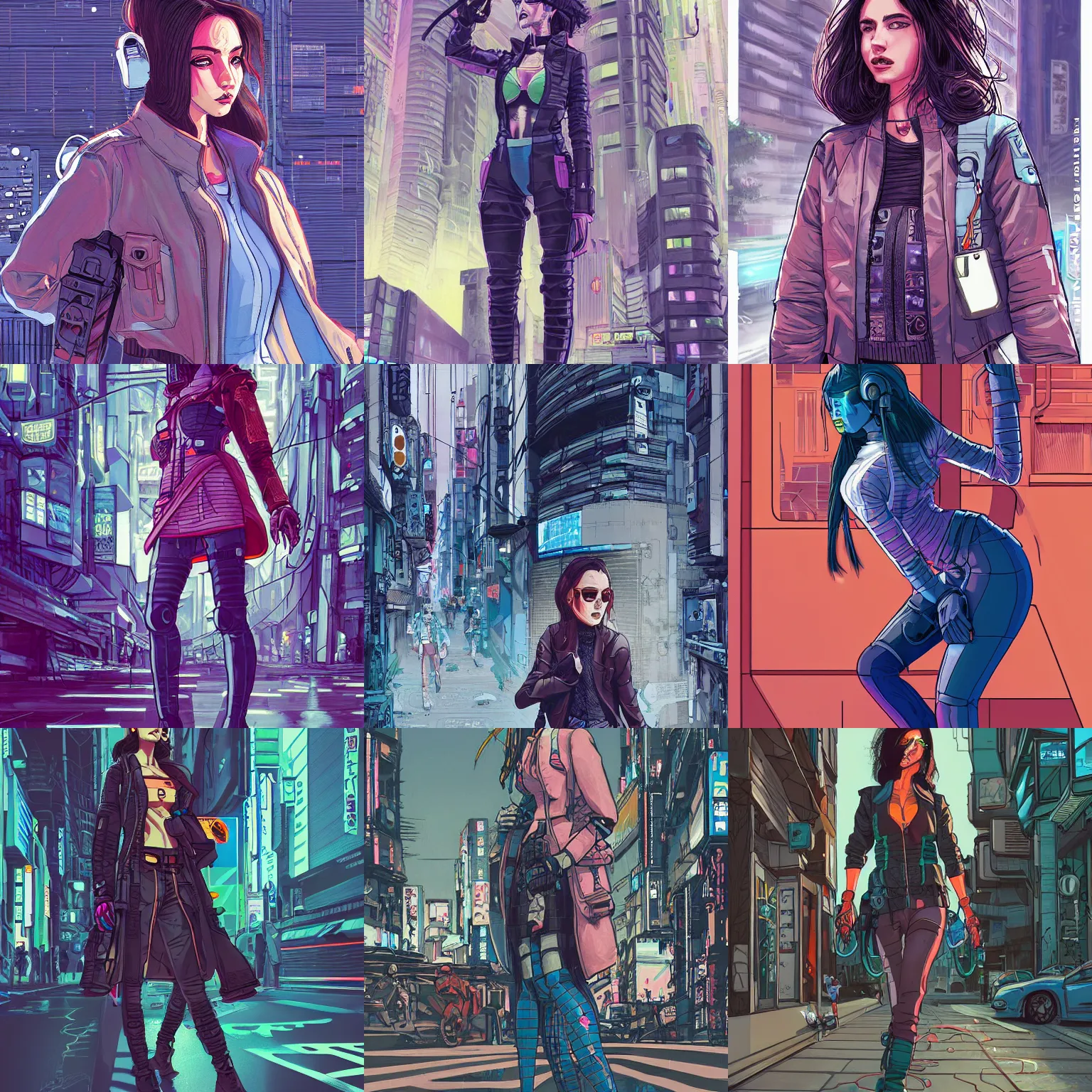 Prompt: detailed painting of ana de armas cyberpunk clothes and hair in a tokyo street, trending on artstation, by josan gonzalez, flat colors