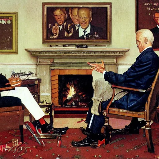 Image similar to a portrait painting by Norman Rockwell of Joe Biden sitting in a chair. Cozy fire. hands on arm rests. Legs apart