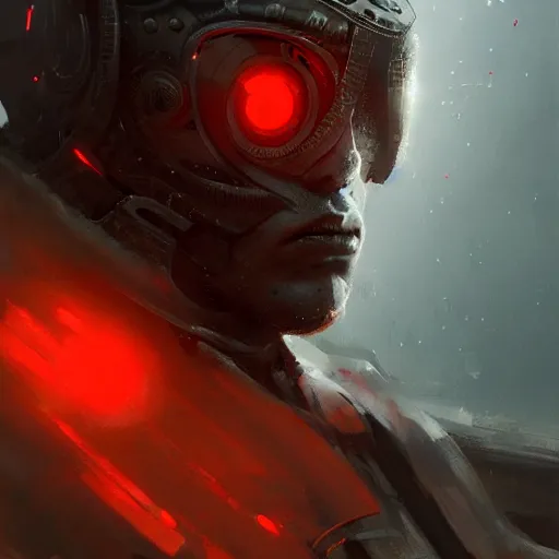 Image similar to cyborg samurai, red eyes, detailed face, intricate, detailed, volumetric lighting, scenery, digital painting, highly detailed, artstation, sharp focus, illustration, concept art, ruan jia, greg rutkowski