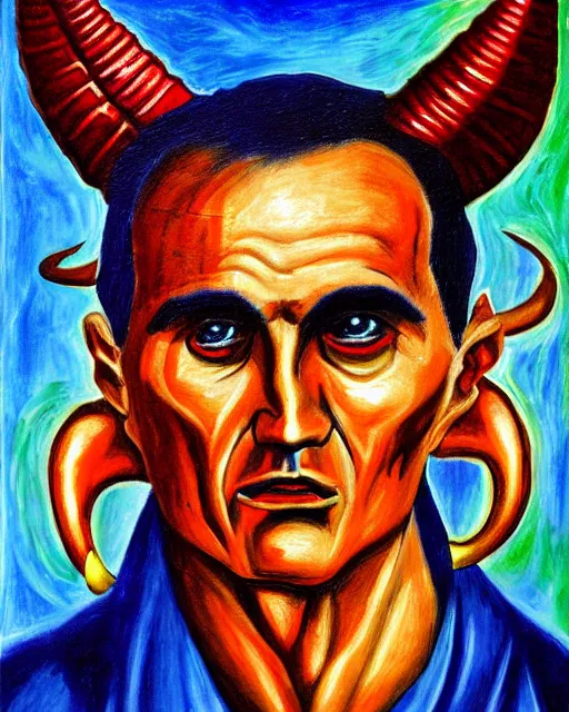 Image similar to expressionist painting of demonic aloysius stepinac with demonic eyes and horns, vivid colors, high production value, intricate details, high resolution, hyperrealistic, hdr, high definition, masterpiece, ultra realistic, highly detailed, hd, sharp focus, non blurry, sharp, smooth