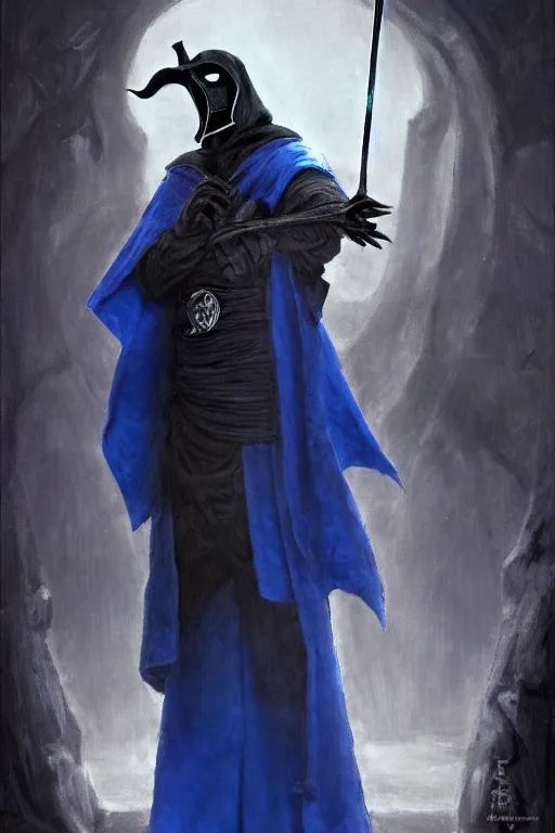 Prompt: a plague doctor with a blue robe as a d & d character, blue robe, magical, black fur armor, starwars, concept sheet, painting by gaston bussiere, demon slayer, akiri toriyama, dramatic lighting, anime