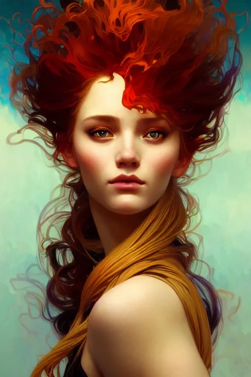 Image similar to a beautiful girl with hair made of fire, fantasy, portrait, sharp focus, intricate, elegant, digital painting, artstation, matte, highly detailed, concept art, illustration, ambient lighting, art by ilya kuvshinov, artgerm, Alphonse mucha, and Greg Rutkowski