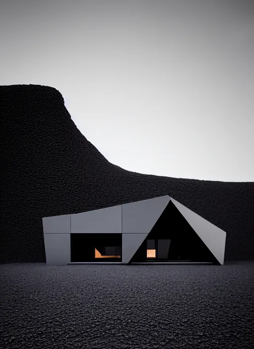 Image similar to tall black geometric house, embedded in lava cliff, full view, black house, molten metal house, minimal, rippled white landscape, dwarven architecture, light from molten iron, octane render, hyper realistic, 8 k, octane render,