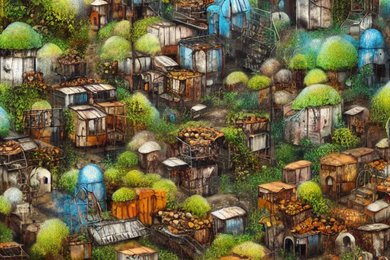 Image similar to favela fungus beehive, wooded environment, industrial factory, cheerful, award winning art, epic dreamlike fantasy landscape, ultra realistic,