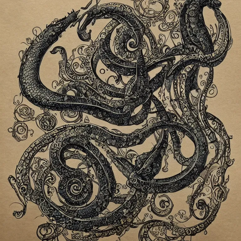 Prompt: ultra realistic illustration of a sea serpent steampunk art nouveau filgree scrollwork