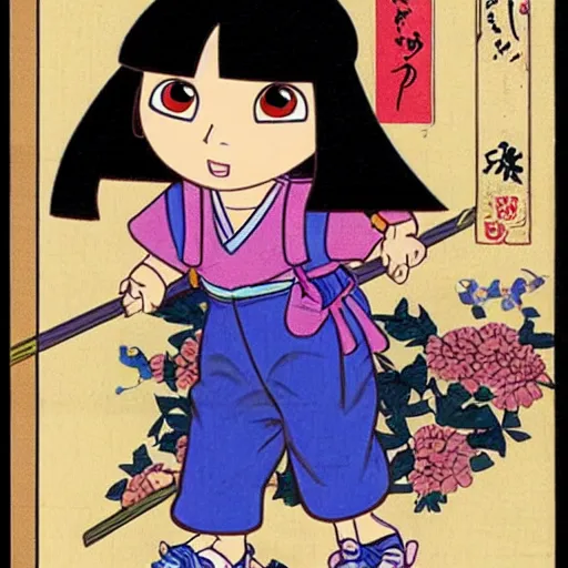 Prompt: real girl dora the explorer and boot the monkey ukiyo-e highly detailed