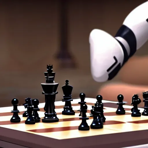 Prompt: a robot playing chess with Magnus Carlsen, photorealistic, cinematic, 4K, award-winning