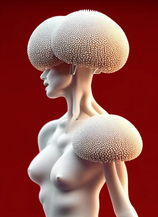 Image similar to intricate hyper detailed ultra sharp focus front shot 3 d render of a beautiful porcelain ivory afro woman, close - up, f 2. 8 1 5 0 mm, sharp focus, alexandre ferra, elegant bionic cyberpunk red mechanical haute couture fractal mushroom corals, white mycelum and fungi head ornaments, octane render, volumetric cinematic lighting, 8 k,