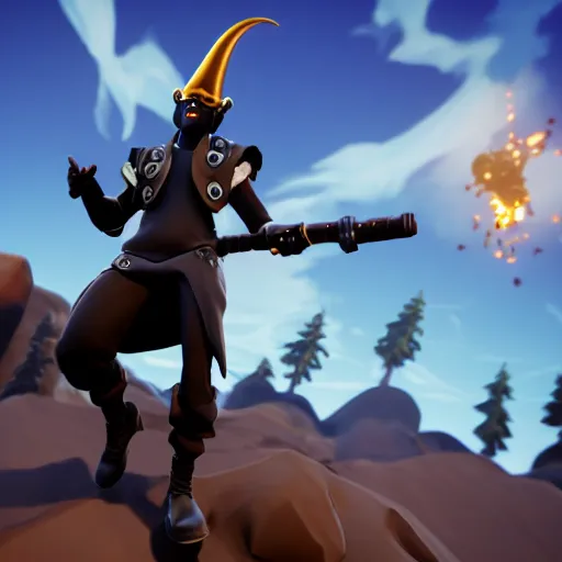 Image similar to an anthropomorphic black goat wizard in fortnite, black wizard robes, holding a gun, 3 d unreal engine render