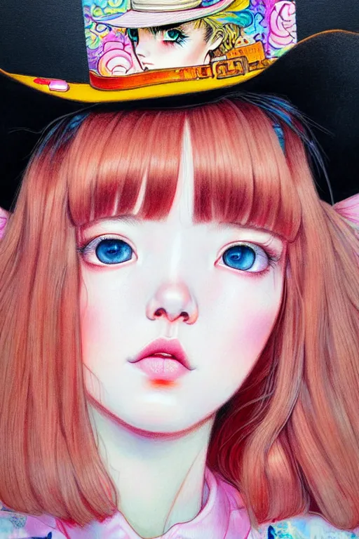 Image similar to girl wearing cowboy hat, style of yoshii chie and hikari shimoda and martine johanna, highly detailed