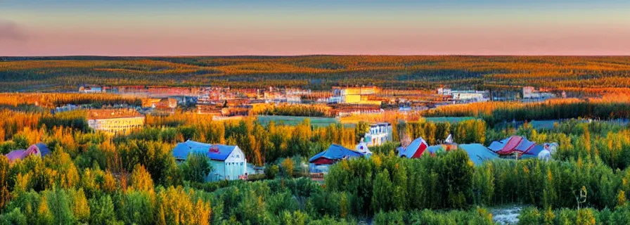 Image similar to view on sleeping district in province russian town at morning sunrise, romantic lighting, squared buildings, trees