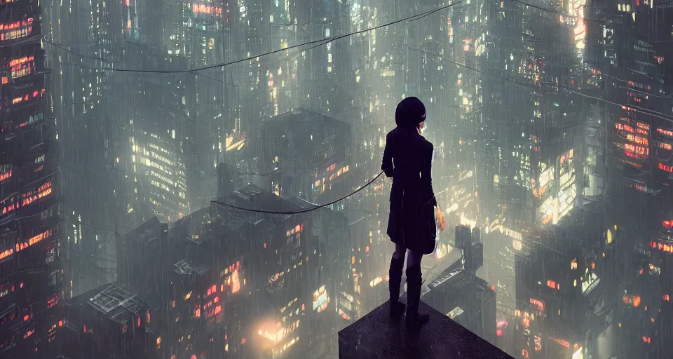 Image similar to a woman standing on the top of a building in a cyberpunk city, nighttime, raining, intricate artwork by Tooth Wu and wlop and beeple, octane render, hyper realism, 8k