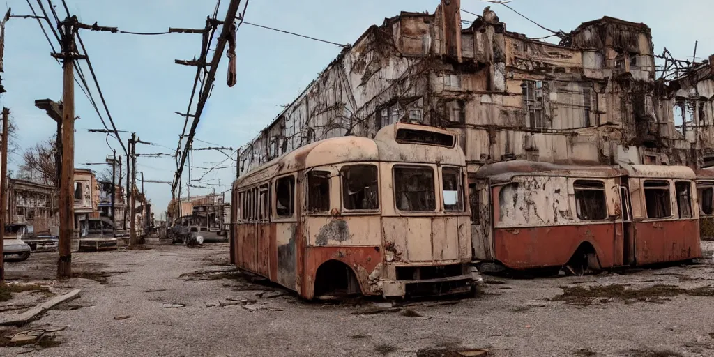 Image similar to low wide angle shot of dilapidated fallout 5 europa, temperate european small town, desolate, dilapidated neon signs, few rusted retro futuristic vintage parked vehicles like cars, buses, trucks, trams, volumetric lighting, photorealistic, daytime, autumn, sunny weather, sharp focus, ultra detailed, 4 0 0 0 k