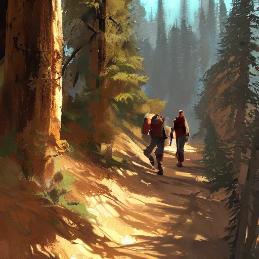 Prompt: Hiking in the pines. by Craig mullins, Steve Purcell, Ralph McQuarrie. Trending on artstation. Centered image, no background