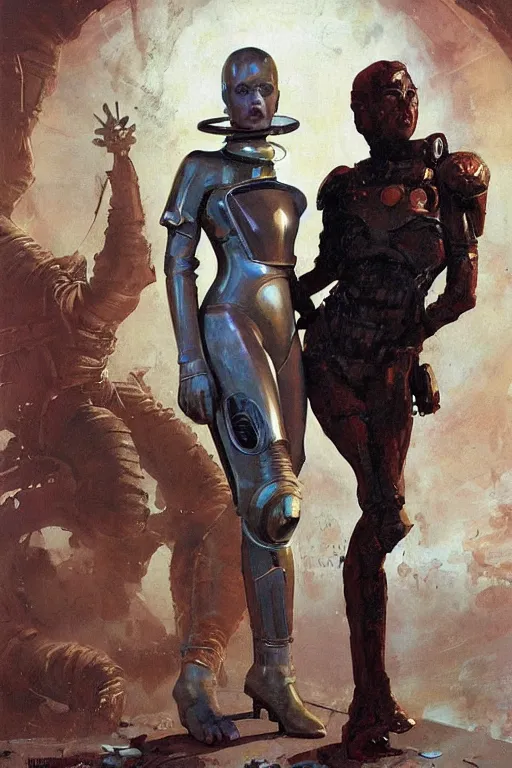 Image similar to pulp scifi fantasy illustration full body portrait of elegant woman wearing latex spacesuit standing beside martian warrior, by norman rockwell, jack kirby, bergey, craig mullins, ruan jia, jeremy mann, tom lovell, 5 0 s, astounding stories, fantasy