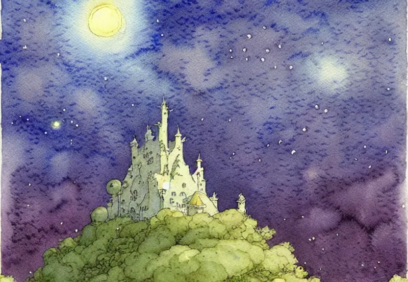 Image similar to a simple watercolor fantasy concept art of a giant grey cube floating in the air. it is a misty starry night. by studio ghibli, rebecca guay, michael kaluta, charles vess