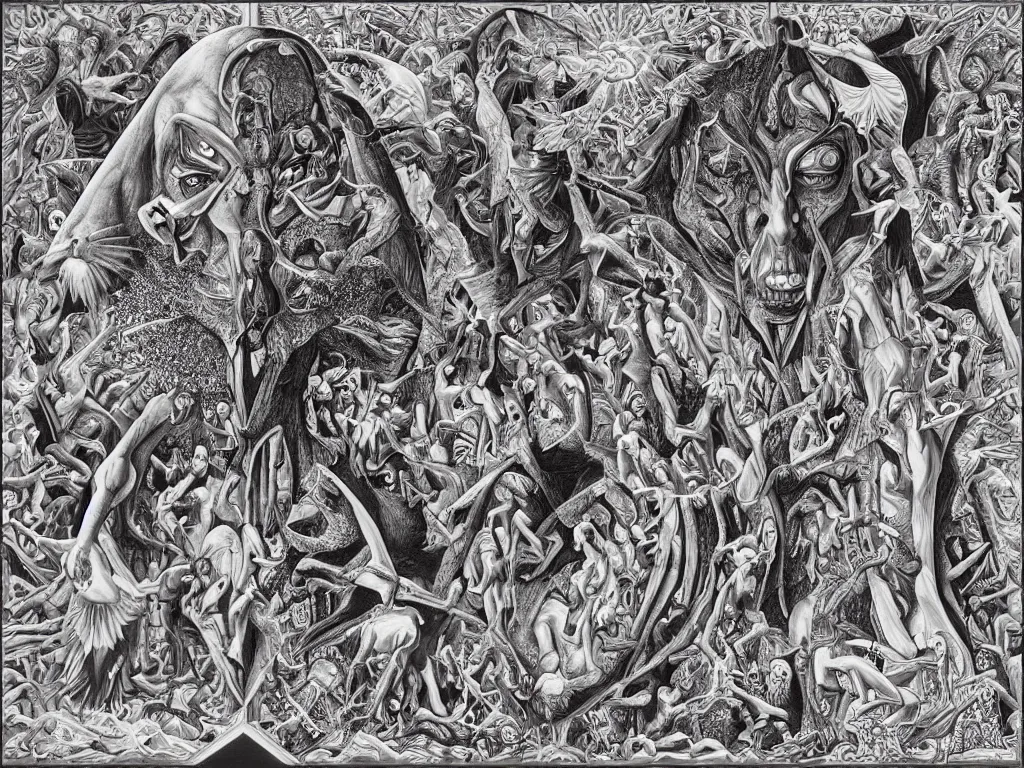 Image similar to transformation through death by Alex Grey and M. C. Escher collaboration