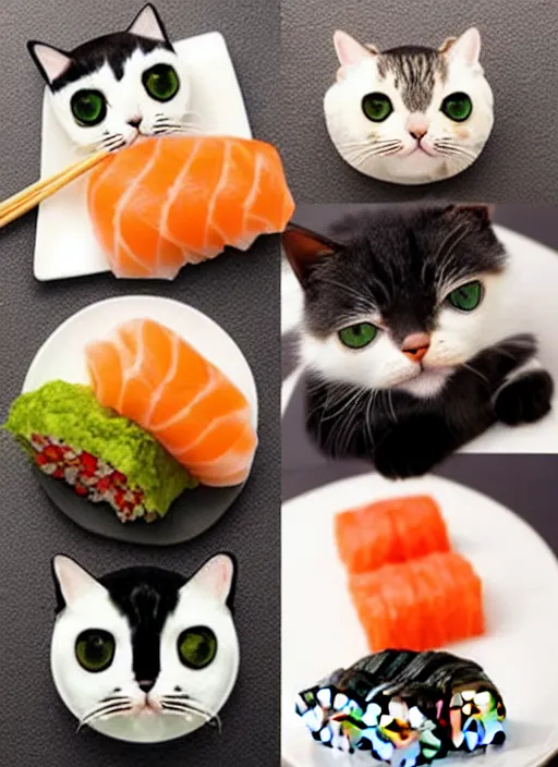 Image similar to clear photorealistic picture of adorable cats made out of sushi