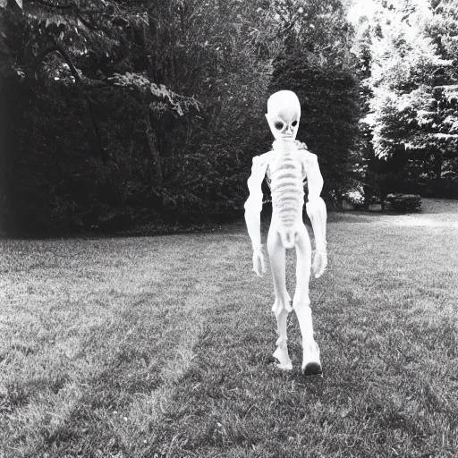 Image similar to Creepy alien caught walking on the backyard, candid amateur photo, full body shot, kodak film, 35mm lens