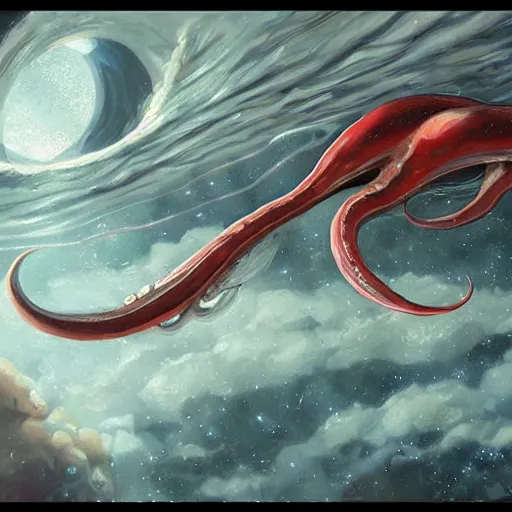 Prompt: giant squid floating in space, 8k, digital art, sci-fi, trending on artstation, artwork by Riccardo Federici